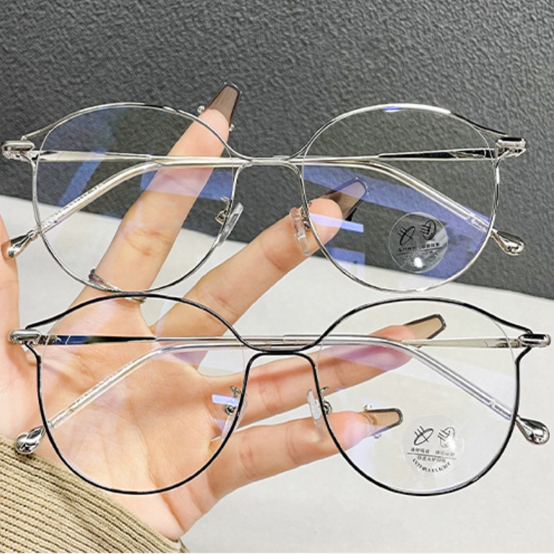 (YUZHU) Lensa Yang Dapat Diganti Kebesaran Kacamata Korea Fashion Logam Bingkai Bulat Anti Cahaya Biru Eyeglasses