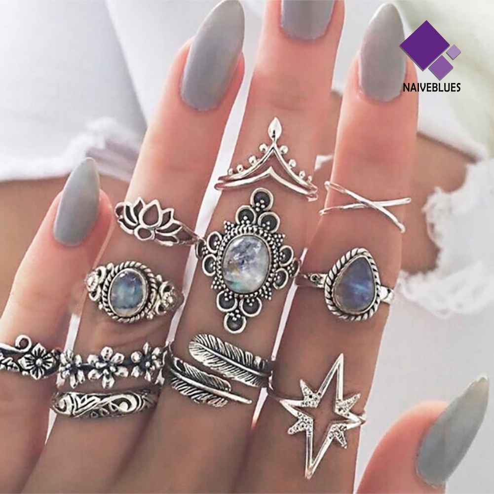 &lt; Naiveblues &gt; 11Pcs Wanita Retro Berongga Berlian Imitasi Knuckle Midi Finger Tip Joint Ring