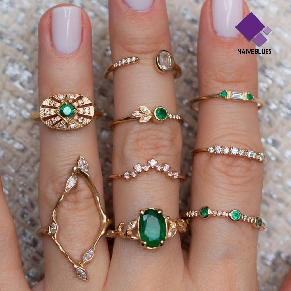 &lt; Naiveblues &gt; 9Pcs/Set Lady Hollow Rhombic Oval Berlian Imitasi Pembukaan Susun Buku Jari Cincin