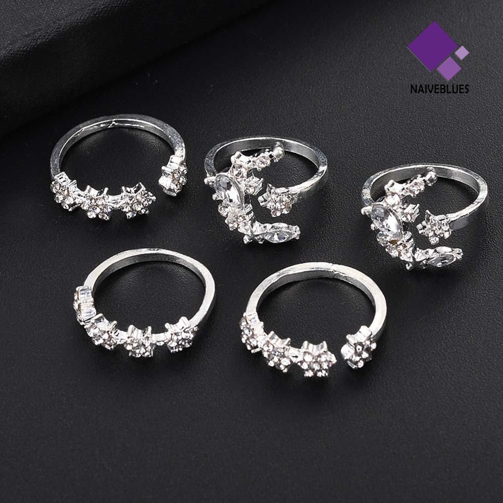 &lt; Naiveblues &gt; 5Pcs/Set Fashion Wanita Berlian Imitasi Hias Bulan Bintang Bunga Cincin Susun