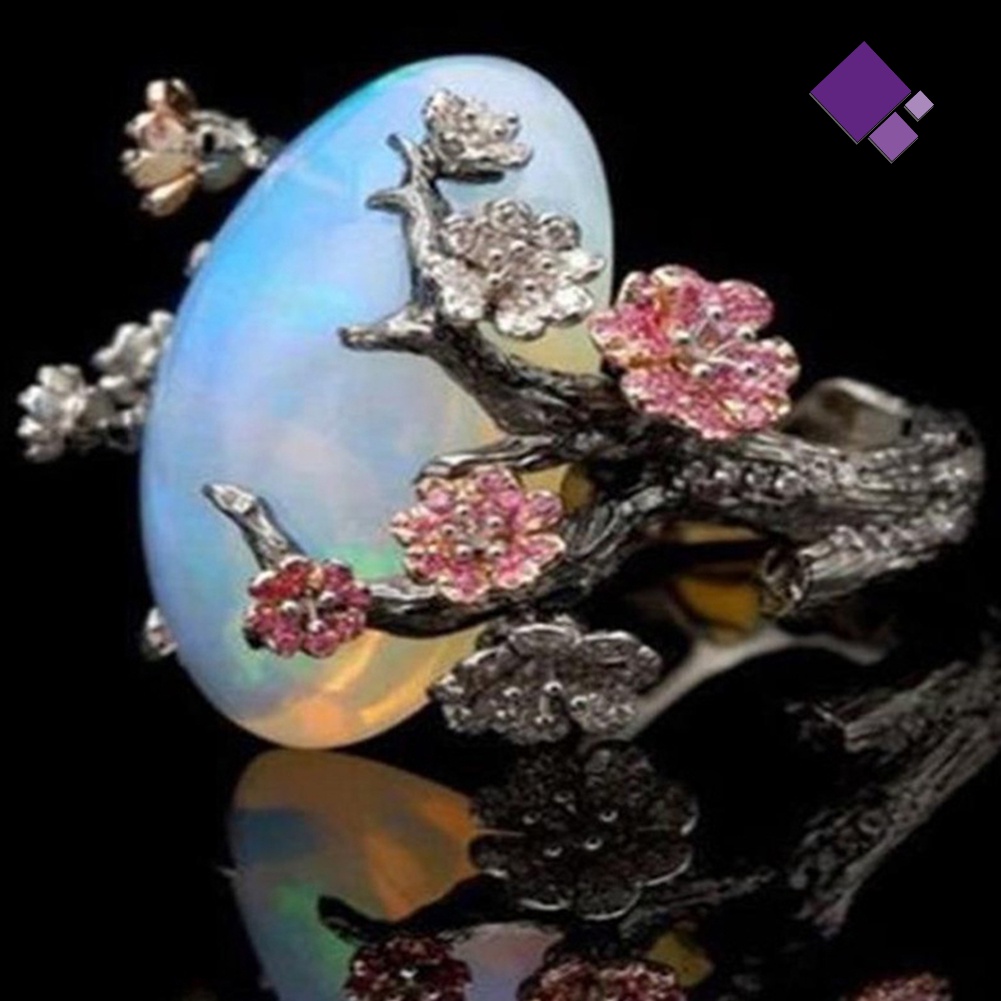 &lt; Naiveblues &gt; Vintage Wanita Faux Opal Plum Blossom Bunga Two Tone Cincin Perhiasan