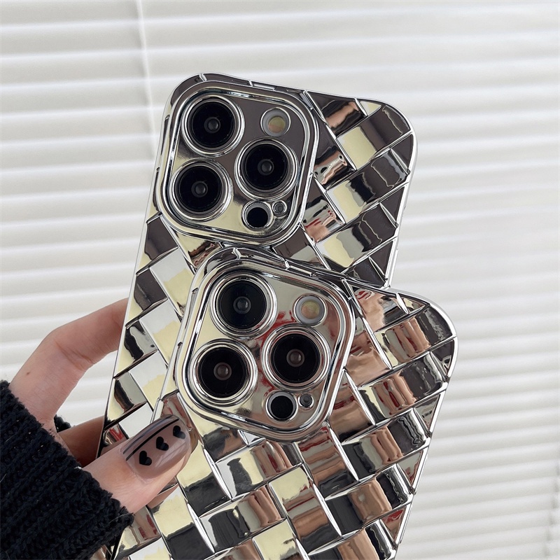IPHONE Woven phone case Electroplated silicone Pelindung case Peredam Panas Cocok Untuk Iphone11 12 13 14 Pro Max14 plus Garis Tiga Dimensi anti Jatuh anti-slip