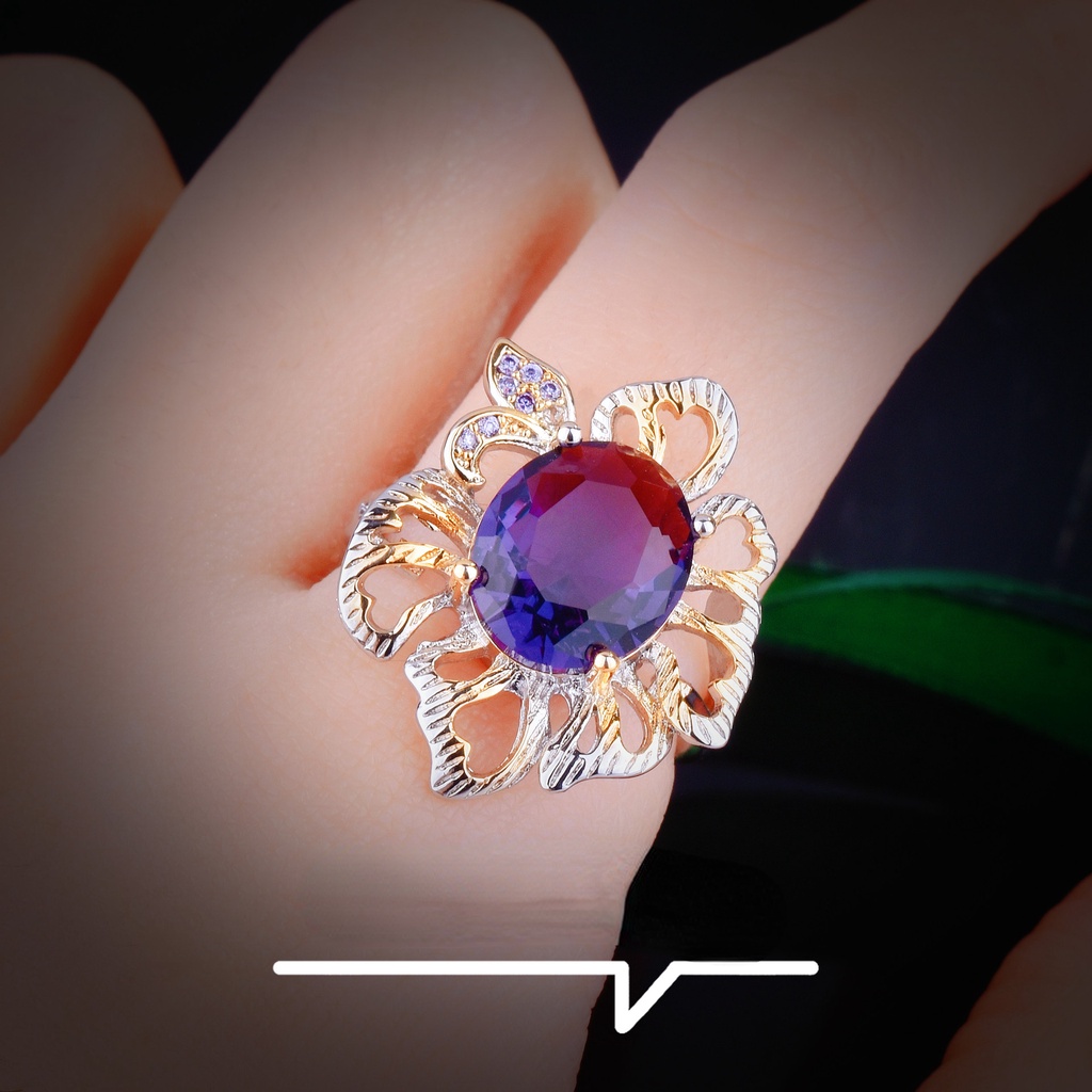 Goldkingdom Aksesoris Perhiasan Fashion Ready Stock Two-tone Kerajinan Emas Amethyst Cincin Kreatif Bunga Warna-Warni Harta Karun Pembukaan Cincin Wanita