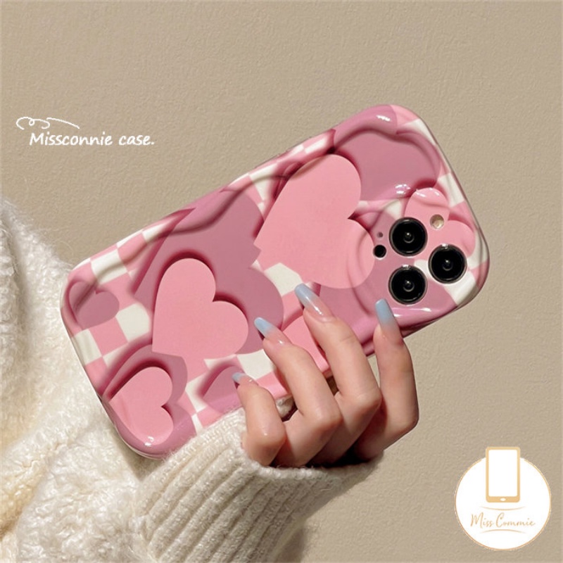 Casing Ponsel Cinta Hati Gradasi Pink Kompatibel Untuk IPhone 14xr 7Plus 11 12 13 Pro Max X 7 8 6s 6 Plus XS Max SE 2020 3D Wavy Curved Edge Glossy Shockproof Cover Soft Shell