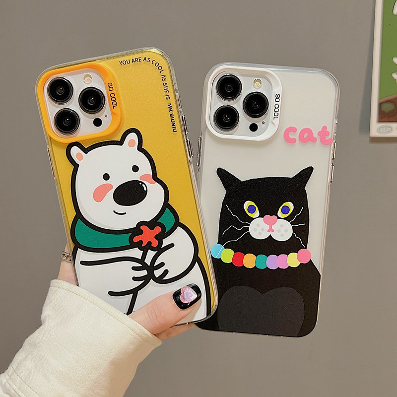 Black Cat &amp; White Bear Skin Feel Soft Case HP iP iPhone 12 13 14 Pro Max 11 Woman Girl FTD Casing Apple