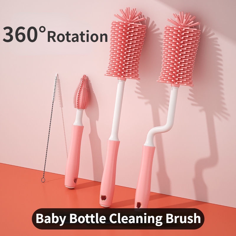 3pcs/set Sikat Botol Bayi Baru Lahir Rotasi 360derajat Sikat Pembersih Gagang Panjang Nipple Cup Cleaning Set Silikon Dot Cup Brush Food Grade Nipple Dropper Brushes