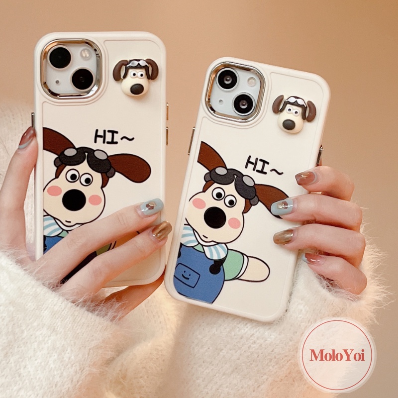 Kartun Wallace Dan Gromit 3D Anjing Lucu Mainan Case Kompatibel Untuk IPhone 7Plus 8Plus 11 12 14 13 Pro MAX XR 7 8 Plus X XS MAX Mewah Plating Metal Lensa Frame Electroplate Soft Cover