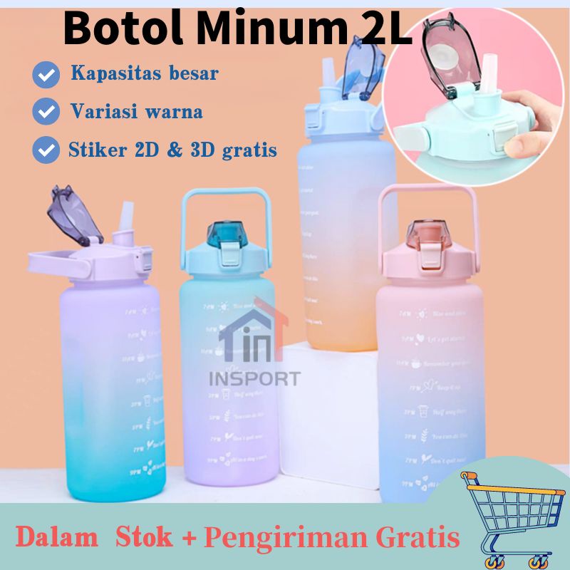 2L korea viral botol minum motivasi botol minum pelangi free sticker 2d dan 3d Botol Minum 2 liter 2000ml botol minum