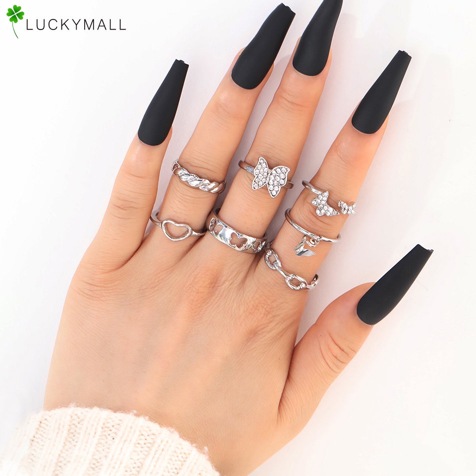 7pcs Set Cincin Jari Hati Kupu-Kupu Zirkon Elegan Untuk Wanita Aksesoris Perhiasan Cincin Perak Y2k Korea