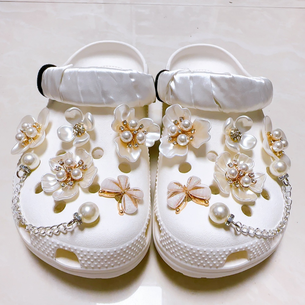 10pcs+2chain Baroque Pearl Flower Set Crocs Jibbitz Charm Diy Aksesoris Sepatu Wanita Pesona Sepatu Untuk Wanita/Cewek [Tidak Termasuk Sepatu]