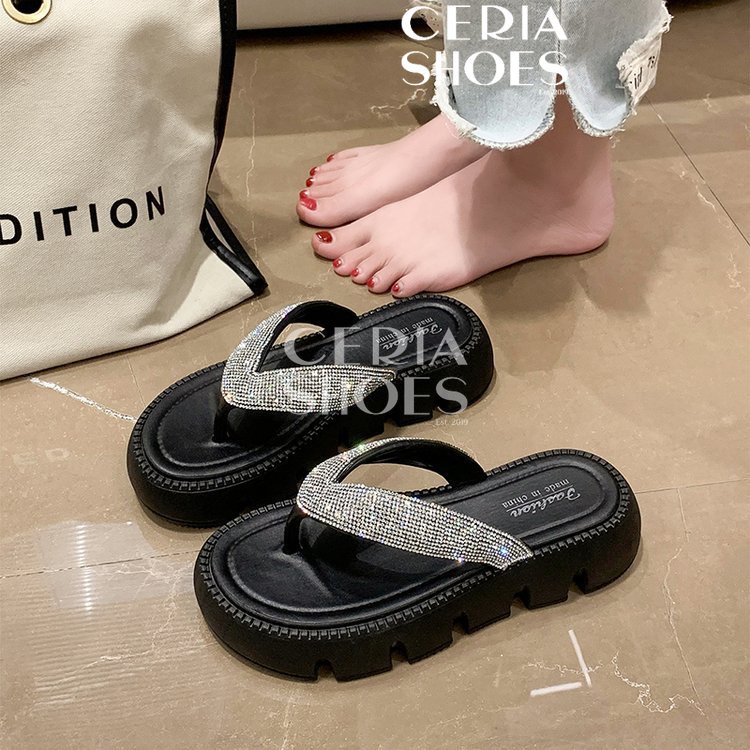 Sandal Jepit Wedges Wanita Import Hak Tinggi Premium Sol Empuk Tebal Anti Slip Tali Silver 8386