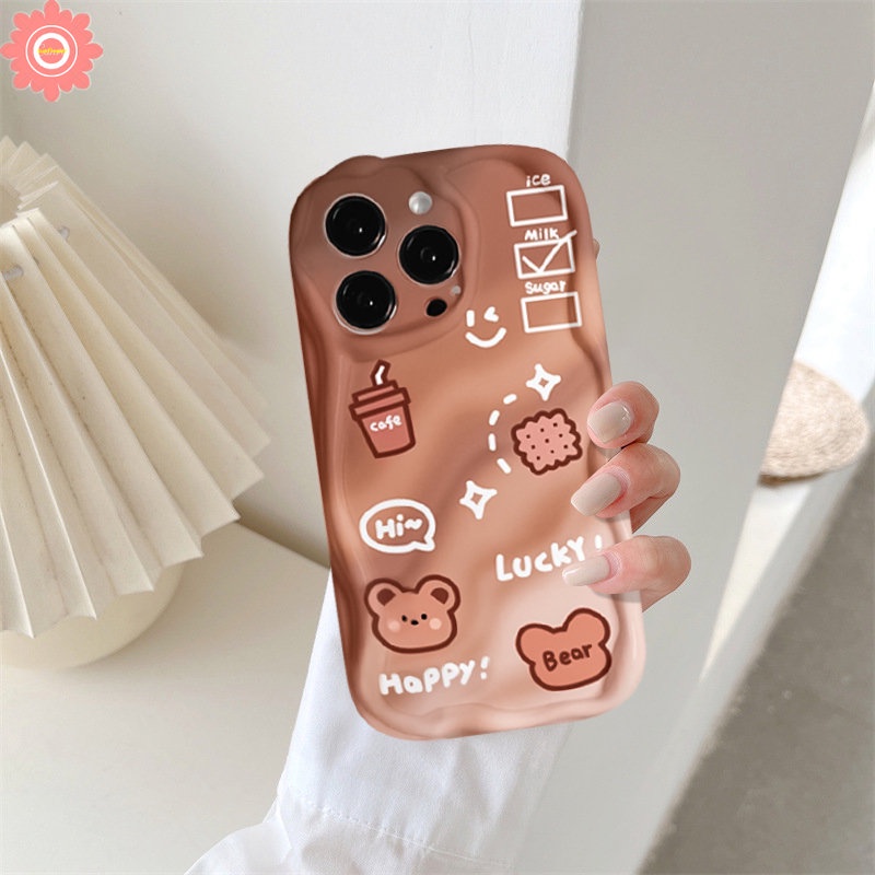 IPHONE Kartun Lucu Beruang Gradien Beruang Kopi Donat Ponsel Case Kompatibel Untuk Iphone11 13 12 14 Pro Max XR X7 8 6s 6 Plus XS Max SE 2020 3D Wavy Curved Edge Tpu Soft Cover