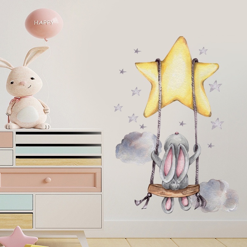 Stiker Dinding Kelinci Hati Pink Lucu/DIY Kartun Kelinci Swing on The Stars Wall Decals Untuk Dekorasi Rumah