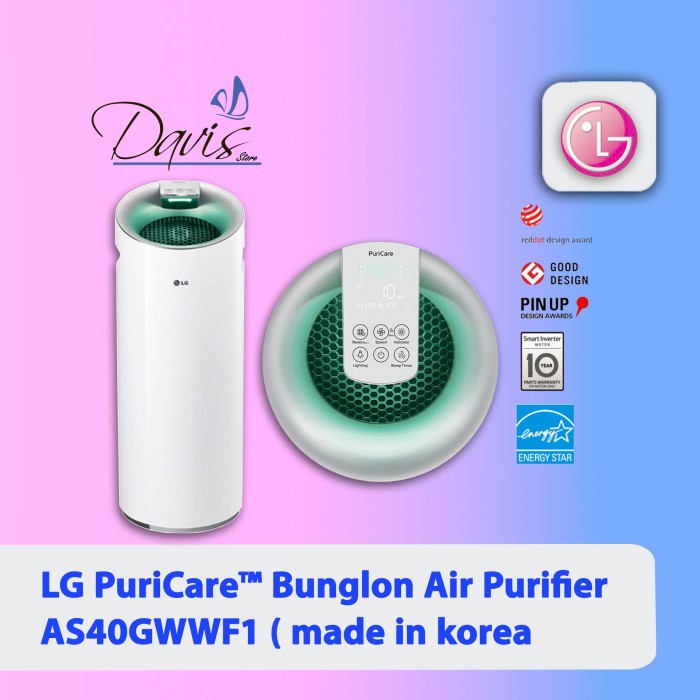 Purifier Udara LG AS40GWWF1 - Penyaring Udara HEPA + Penghilang Bau untuk Ruangan 32.8 m², Putih