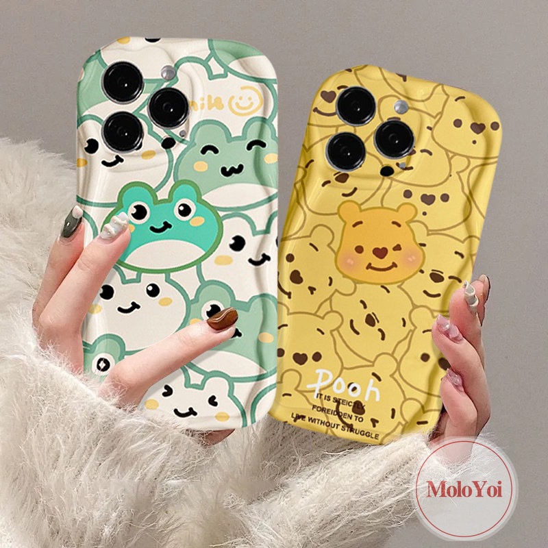 IPHONE Casing Glossy Tepi Melengkung Bergelombang 3D Kompatibel Untuk Iphone6 7 6S 8plus 11 Pro Max12 14 13 Pro MAX XR X XS MAX Cute Winnie the Pooch Kartun Kodok Airbag Pasangan Tahan Guncangan Soft Cover