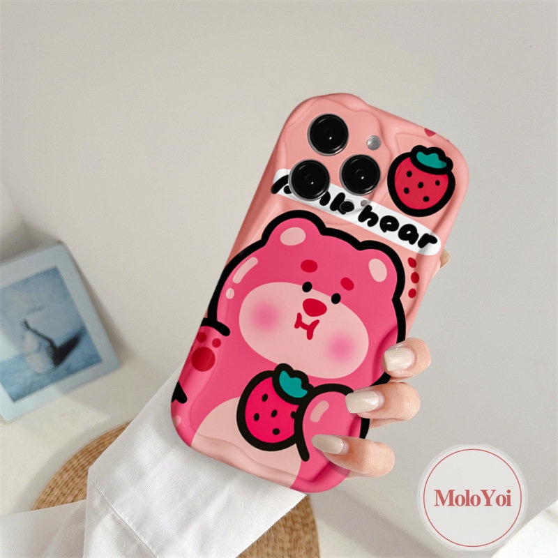 Soft Tpu Cute Winnie The Pooh Case Kompatibel Untuk IPhone XR X XS Max7 6 8 6s Plus 11 13 12 14 Pro Max 7Plus SE 2020 Kartun Strawberry Bear Manyo 3D Wavy Curved Edge Glossy Cover