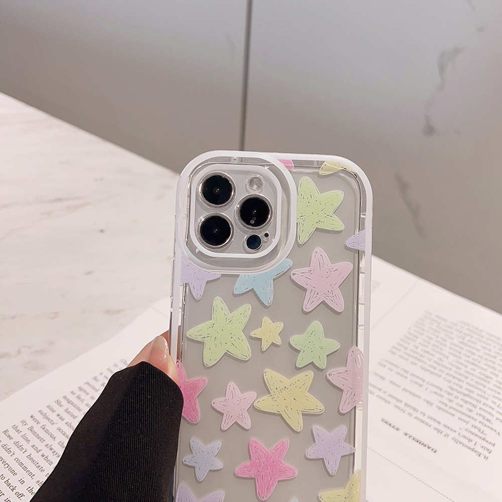 IPHONE Warna Macaron Gambar Tangan Doodle Bintang Transparan Shockproof Casing Ponsel Cover Untuk Iphone11 12 13 14 PLUS PRO MAX