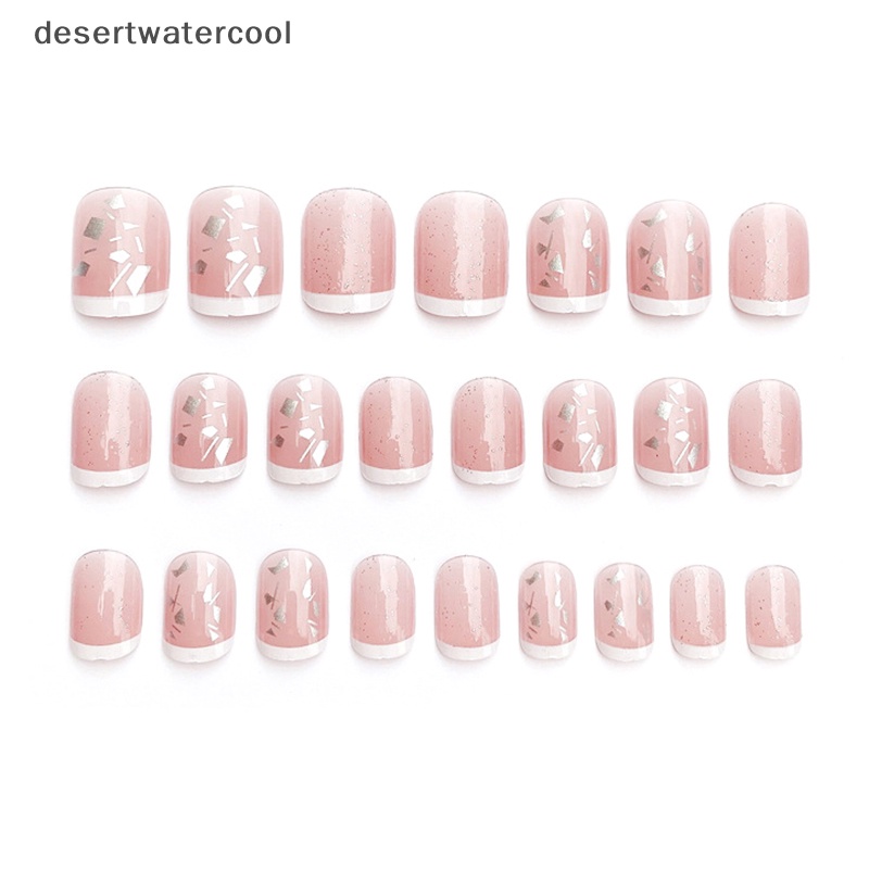 Deid 24Pcs Pink Glitter Line Pendek Kuku Palsu Penutup Penuh Nail Art Kuku Palsu Lem Martijn