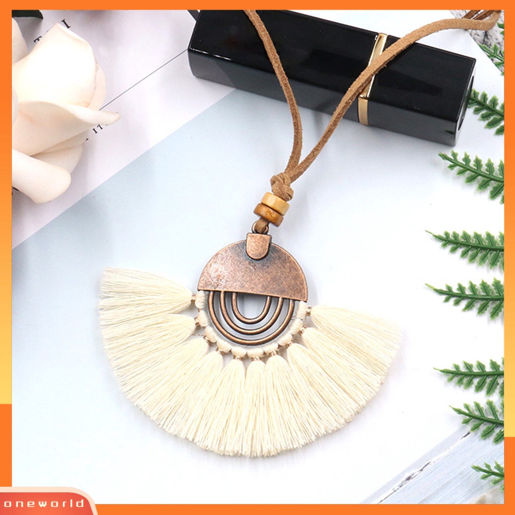 [ONE] Gaya Etnik Bohemian Sweater Kalung Alloy Berbentuk Kipas Benang Katun Rumbai Wanita Necklace Perhiasan Aksesoris