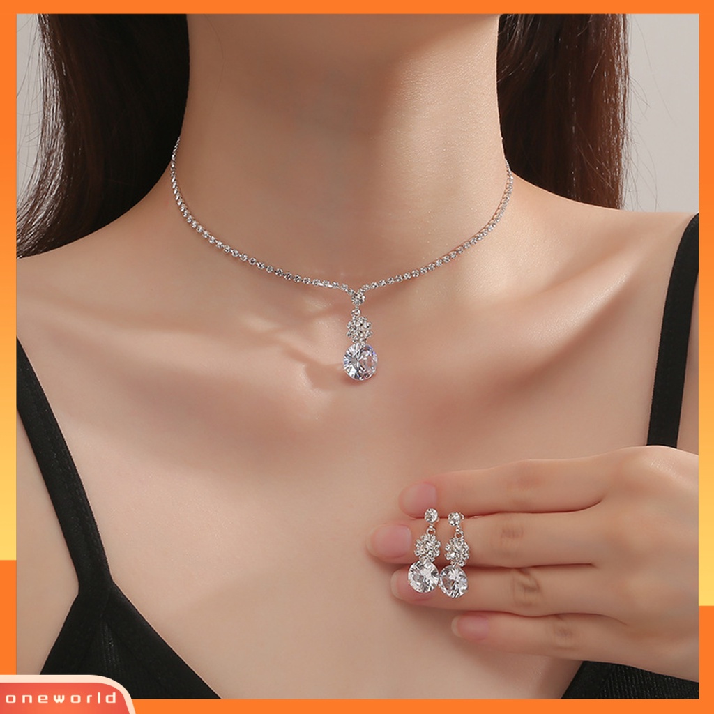 [ONE] 1set Set Perhiasan Pernikahan Elegan Untuk Wanita Cubic Zirconia Kristal Imitasi Choker Kalung Anting Pengantin Berlian Imitasi Aksesoris Fashion