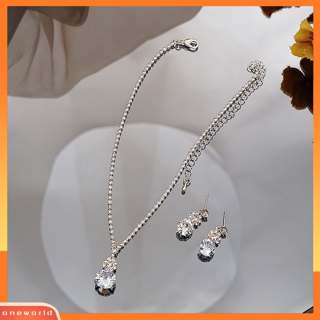 [ONE] 1set Set Perhiasan Pernikahan Elegan Untuk Wanita Cubic Zirconia Kristal Imitasi Choker Kalung Anting Pengantin Berlian Imitasi Aksesoris Fashion