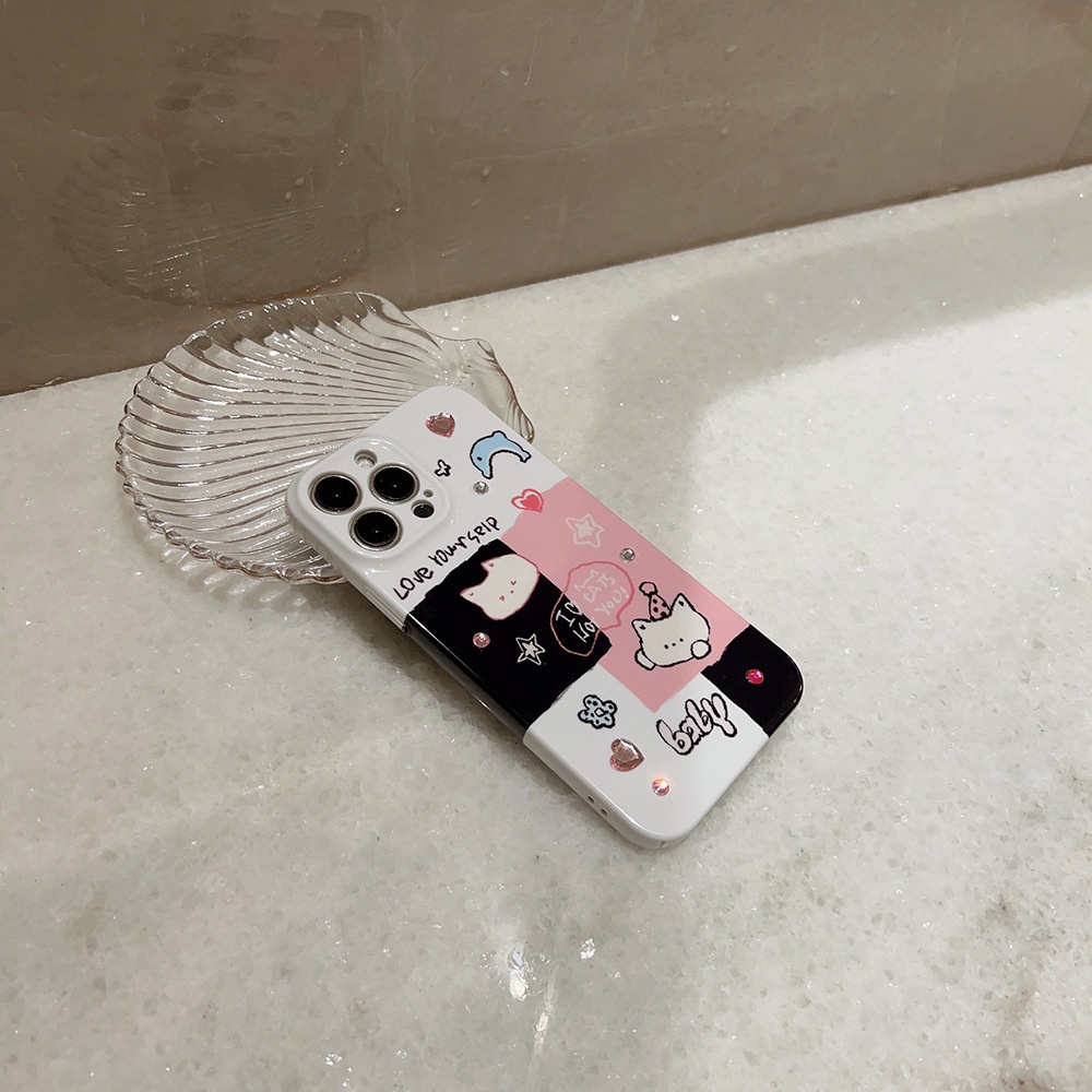 Ins Lucu Lumba Kucing Kartun Dengan Berlian Berwarna Hard Shell Film Fotografi Case Untuk Iphone SE2020 7/8 Plus 14xx XR XM 11 12 13 PRO MAX Casing Cover Pelindung AT0352