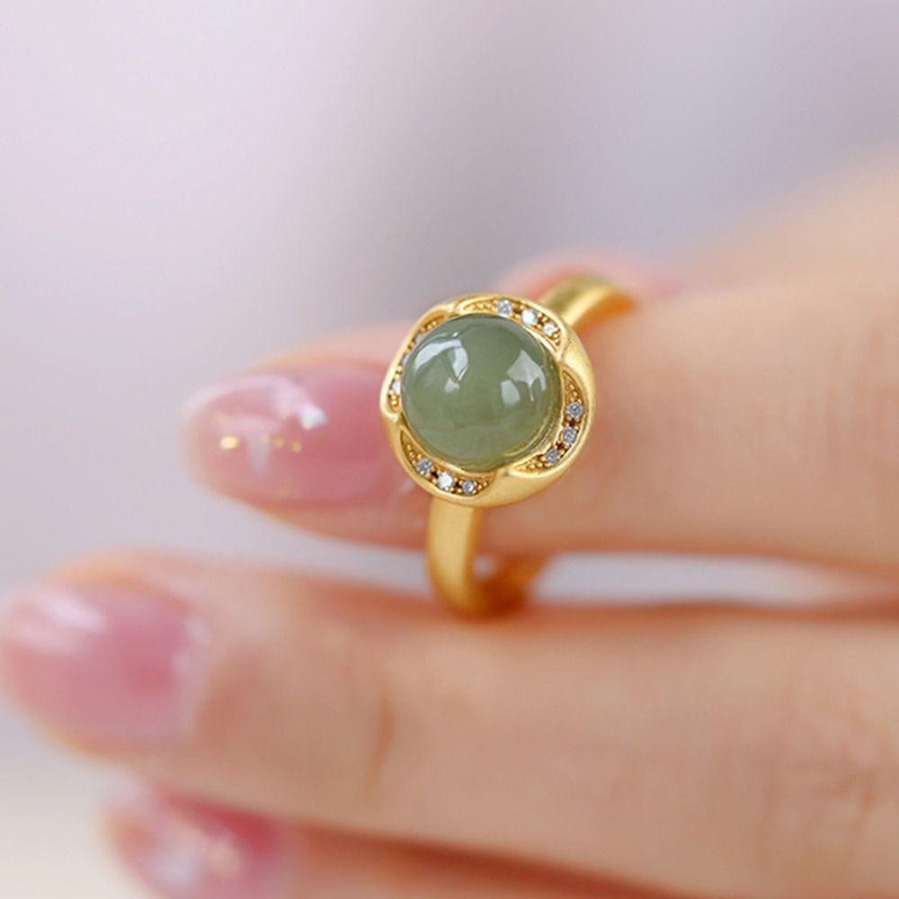 Mxbeauty Hetian Cincin Giok Retro Cincin Perhiasan Emas Geometris Wanita Jari Cincin Hijau Gaya Cina Cincin