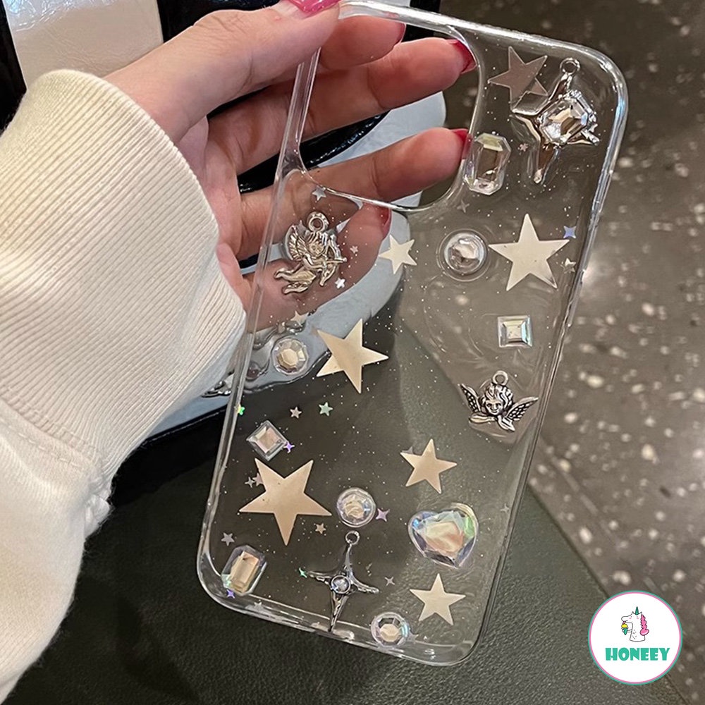 IPHONE Casing Ponsel Transparan Batu Permata Bintang Keren Untuk Iphone11 12 13 14 Pro Max X XS XR 7 8 14 Plus Fashion Metal Cupid Y2K Penutup Belakang