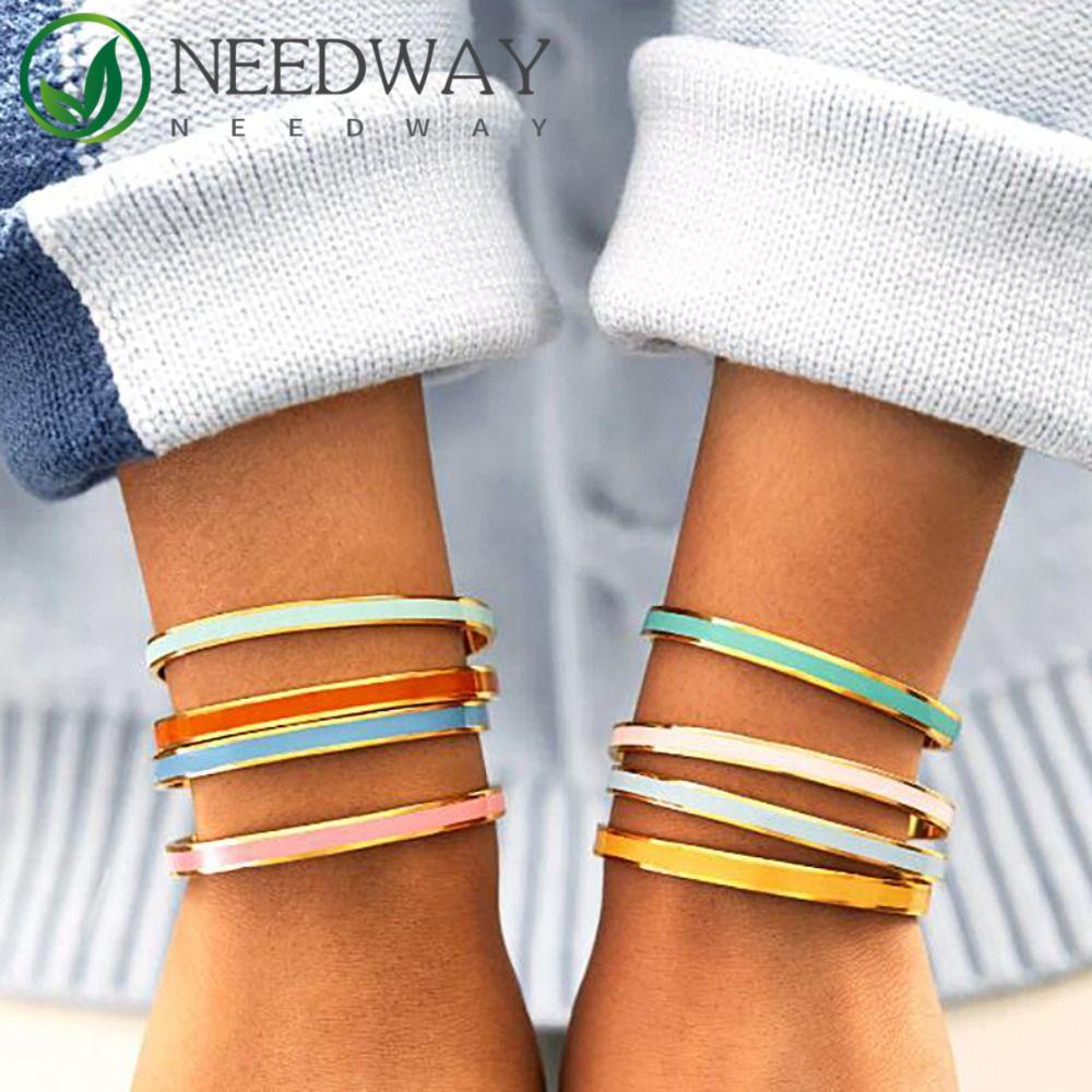 Needway  Manset Gelang Temperamen Kreatif Wanita Hadiah Perhiasan Aksesoris Stainless Steel Pasangan Gelang Enamel Warna-Warni Bangle