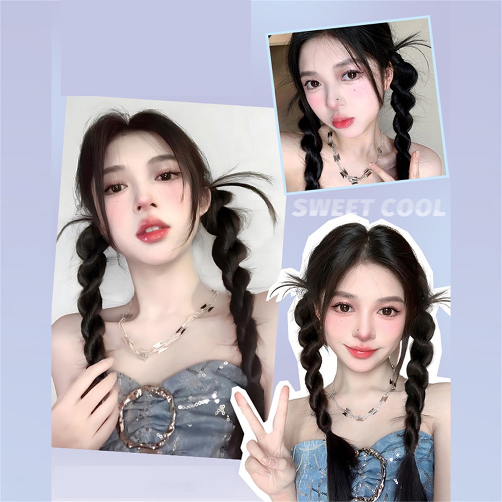 2pcs Y2K Gadis Keren Kepang Double Ponytail Wig Untuk Wanita Ekstensi Rambut 60CM