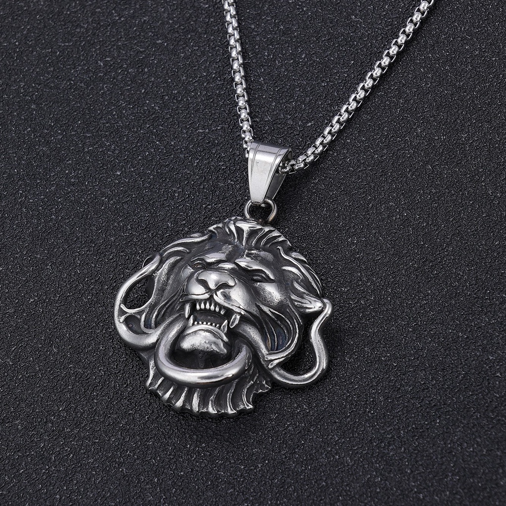 [X C Kalung] Baru Silvery Disc Besar Kepala Singa Liontin Punk Hip Hop Stainless Steel Kalung Hadiah Pesta Ulang Tahun Untuk Pria Dan Wanita