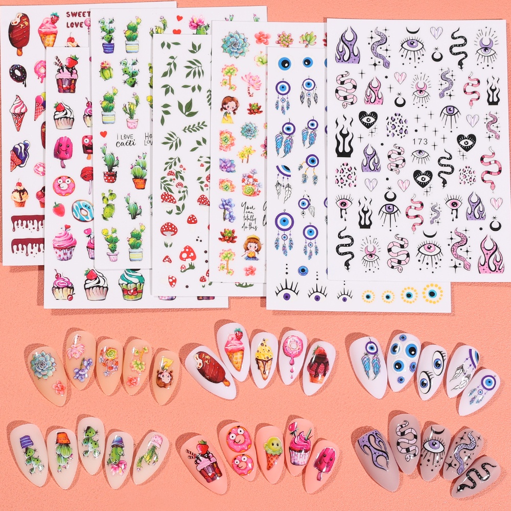 [Unggulan] 1pc Self-Adhesive 3D Tanaman Kuku Decals Ins Musim Semi Musim Panas Kaktus Serangga Kuku Stiker Warna-Warni Es Krim Manicure Decor DIY Nail Art Aksesoris Kuku Alat Kuku