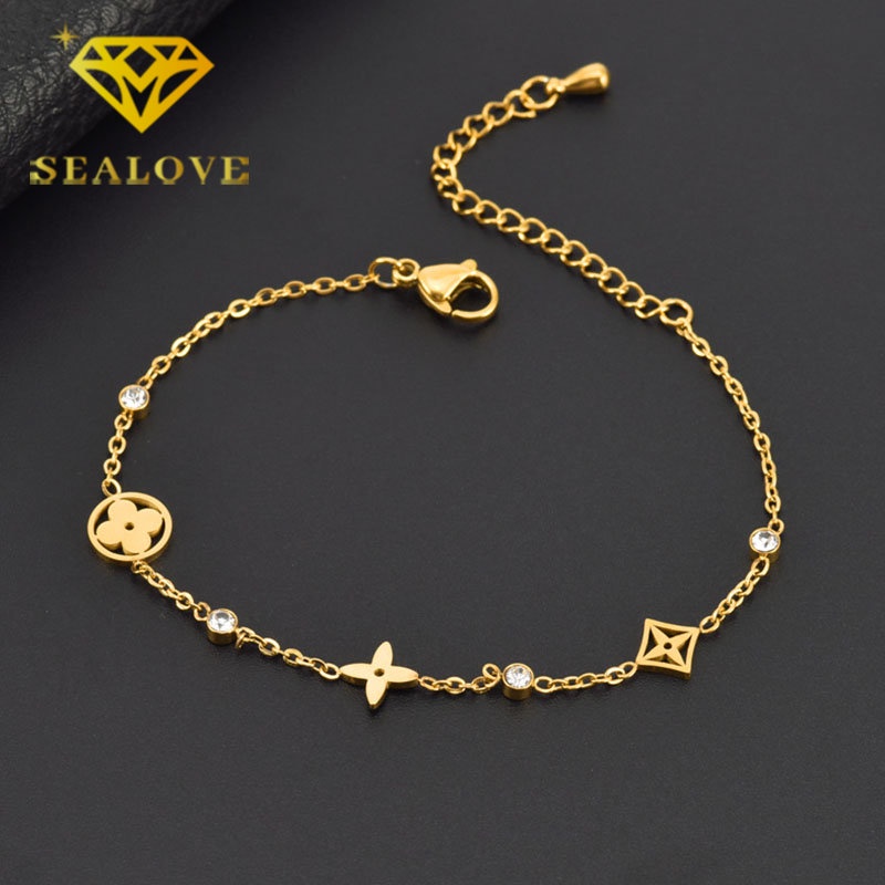 Gelang Titanium Wanita Anti Karat Bunga Keberuntungan Cantik Berlian Emas 18K Aksesoris Perhiasan