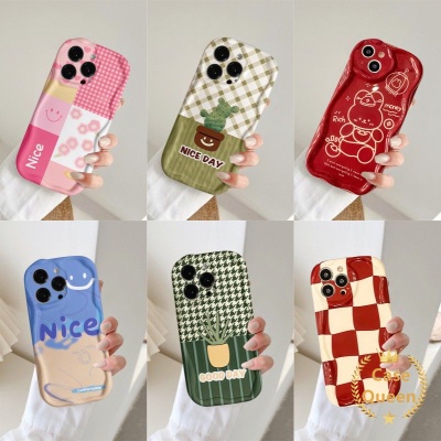 Casing Motif Kaktus Kisi Tepi Melengkung Bergelombang 3D Untuk Samsung A13 A04s A52s A50 A14 A12 A32 A24 M12 A52 A30s Kelinci Lucu Simple Letter Smile Pola Kotak-Kotak Sarung Bunga