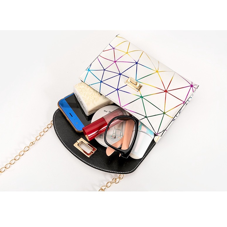 KH Tas selempang mini wanita tas korea tali rantai woman bag fashion tren motif garis laser aurora pelangi hand bag A20