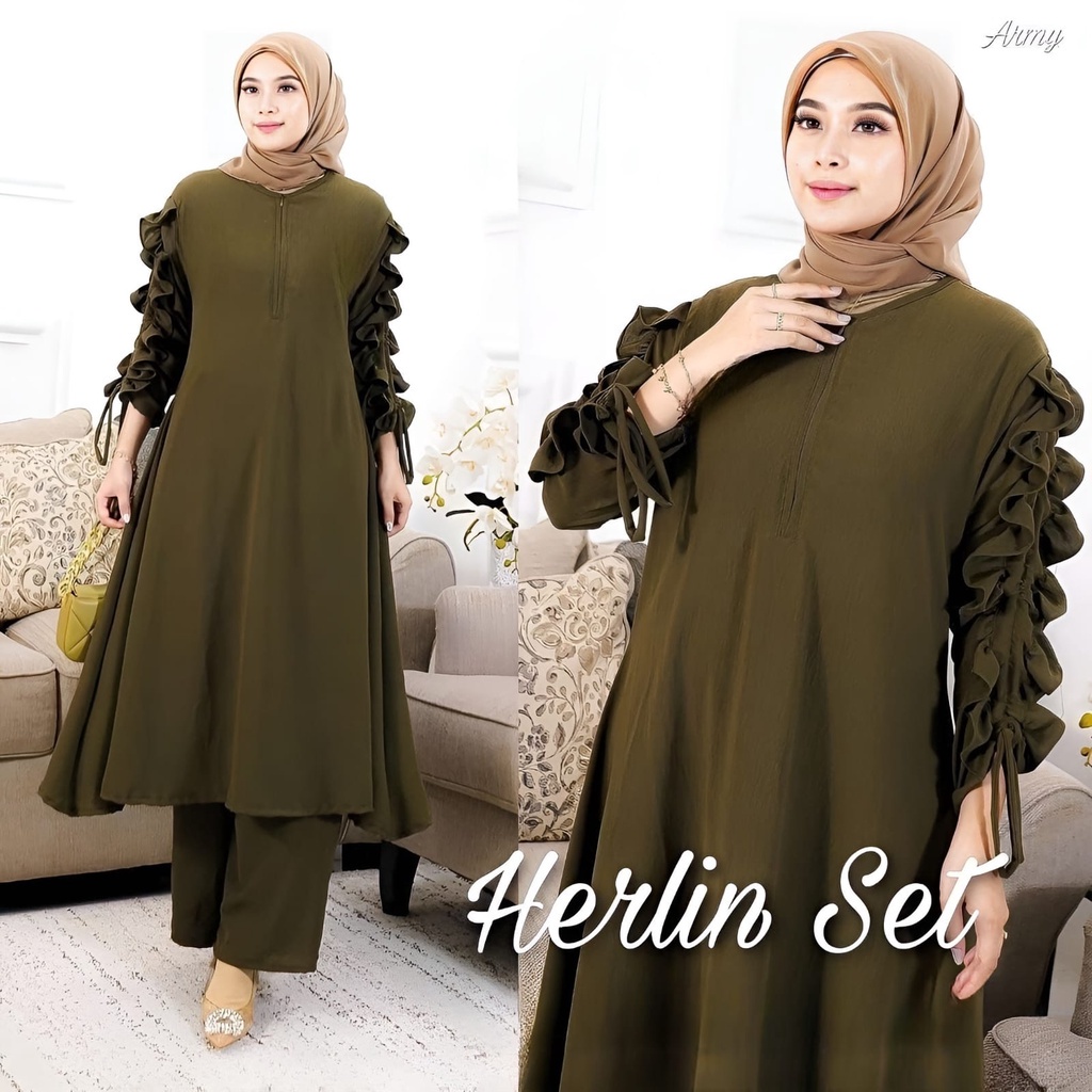 Herlin One Set Fit To XL Besar l Setelan Wanita Muslim Casual Daily l Stelan Baju Kondangan 2in1