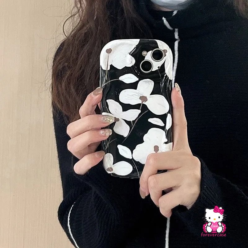 Fresh Flower 3D Wavy Curved Edge Case Kompatibel Untuk IPhone XR XS X Max6 7 6s 8Plus 11 14 13 12 Pro Max 7Plus 8Plus SE 2020 INS Korean Black Art Flower Soft Cover