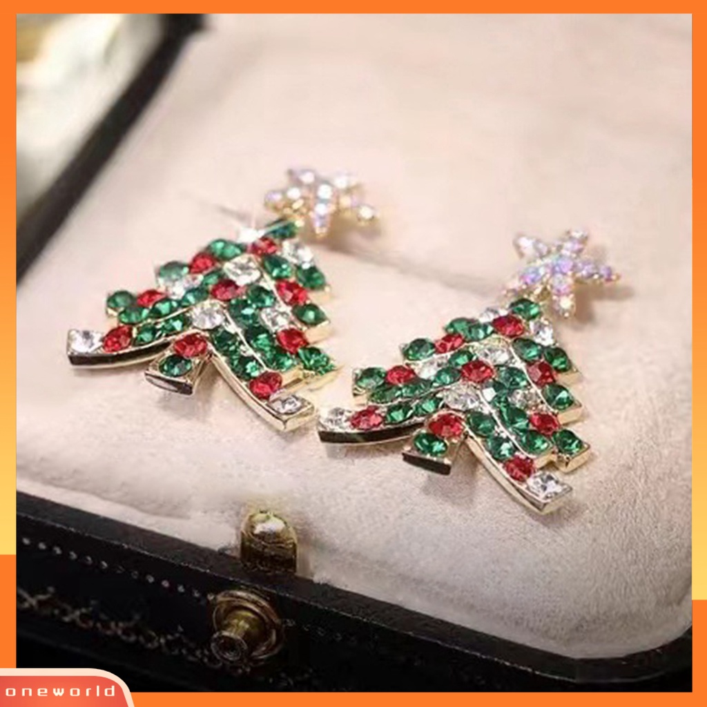 [WOD] 1pasang Wanita Anting Natal High-end Mengkilap Cubic Zirconia Bentuk Pohon Natal Stainless Kaya Warna Menghias Telinga Indah Bentuk Bunga Lady Gantung Anting Hadiah