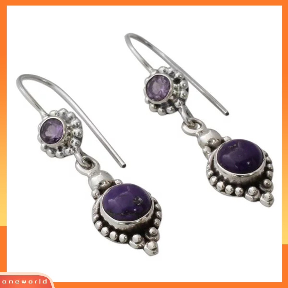 [WOD] Vintage Wanita Imitasi Amethyst Batu Bulat Menjuntai Kait Anting Perhiasan Pesta