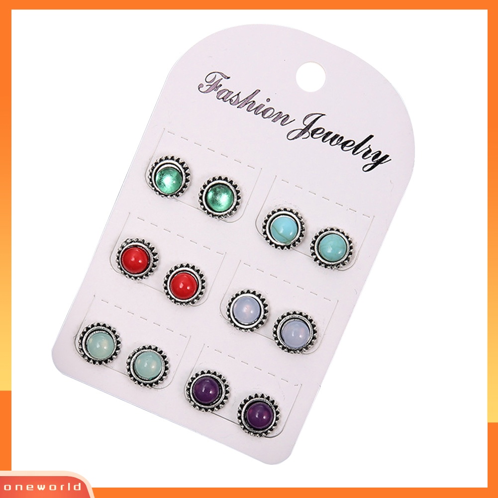 [WOD] 6pasang Wanita Vintage Faux Gemstone Round Ear Stud Earrings Pesta Perhiasan Hadiah