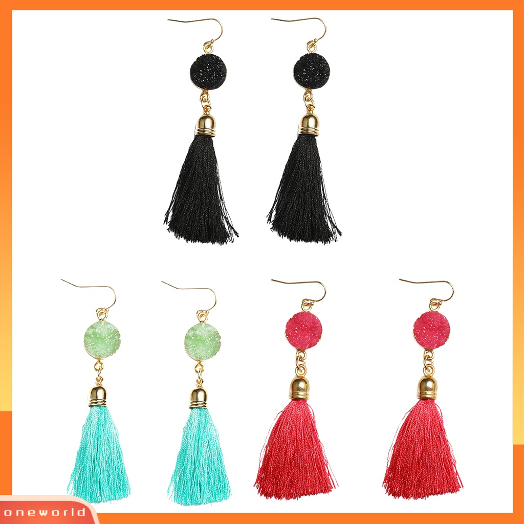 [WOD] 1pasang Anting Kait Bohemian Katun Ringan Garis Pinggiran Desain Menjuntai Earrings Aksesoris Telinga