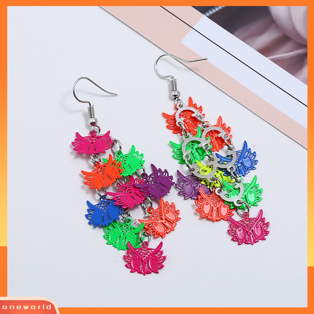 [WOD] Lady Colorful Berongga Burung Hantu Bintang Capung Kupu-Kupu Rumbai Drop Statement Earrings
