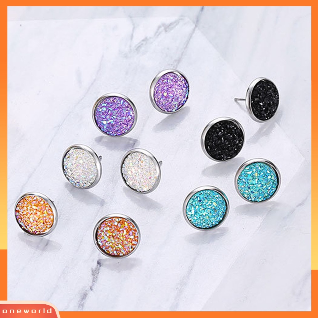 [WOD] 1pasang Ear Stud Hias Stud Telinga Berlian Imitasi Bentuk Bulat Stainless Warna-Warni Untuk Hadiah