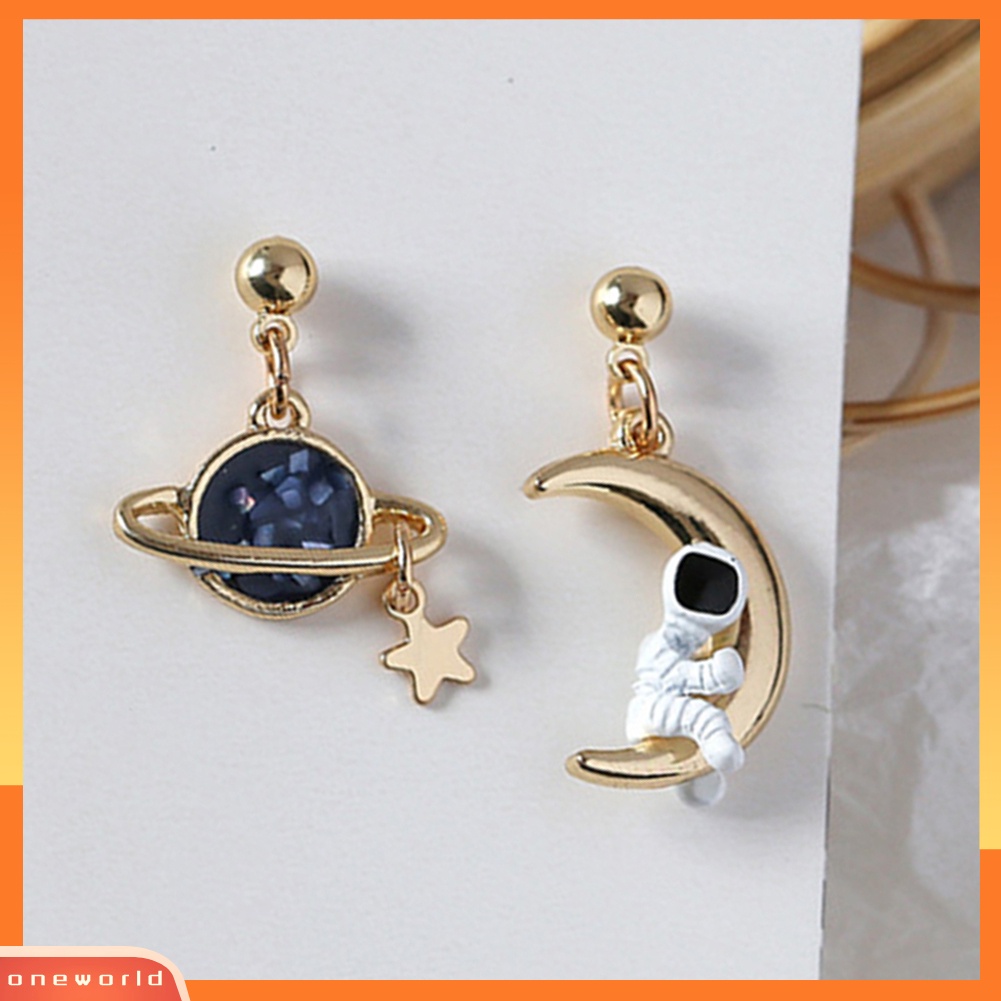 [WOD] Kreatif Asimetris Astronot Planet Bulan Liontin Wanita Stud Earrings Perhiasan