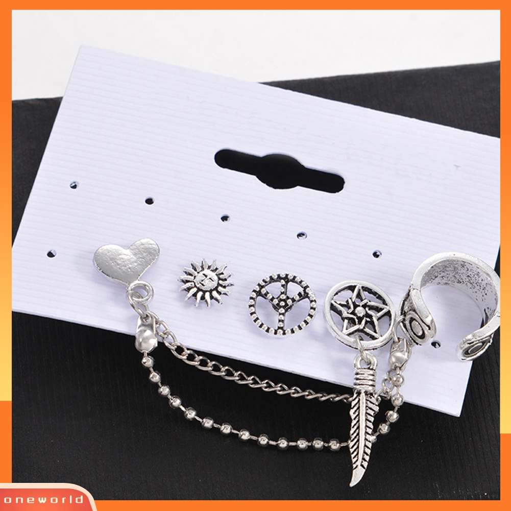 [WOD] Fashion Wanita 4 Pcs/Set Matahari Daun Hati Pesona Liontin Stud Cuff Earrings Jewelry