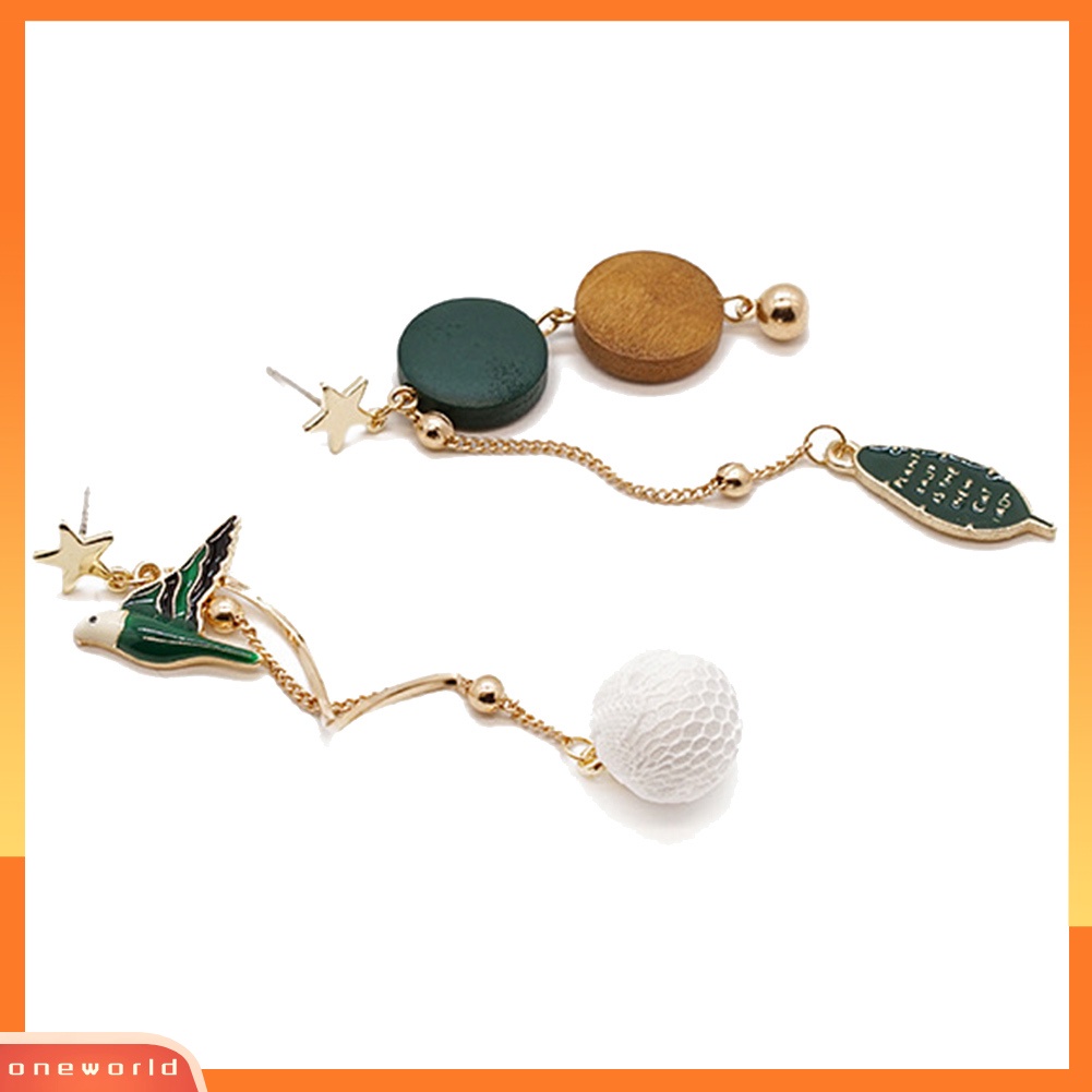 [WOD] Fashion Wanita Panjang Rumbai Daun Burung Asimetris Menjuntai Stud Earrings Perhiasan