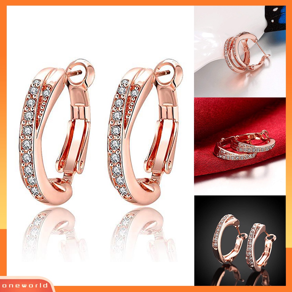 [WOD] Fashion Elegan Hoop Huggie Earrings Berlian Imitasi Mengkilap Perhiasan Pesta Lady Gift