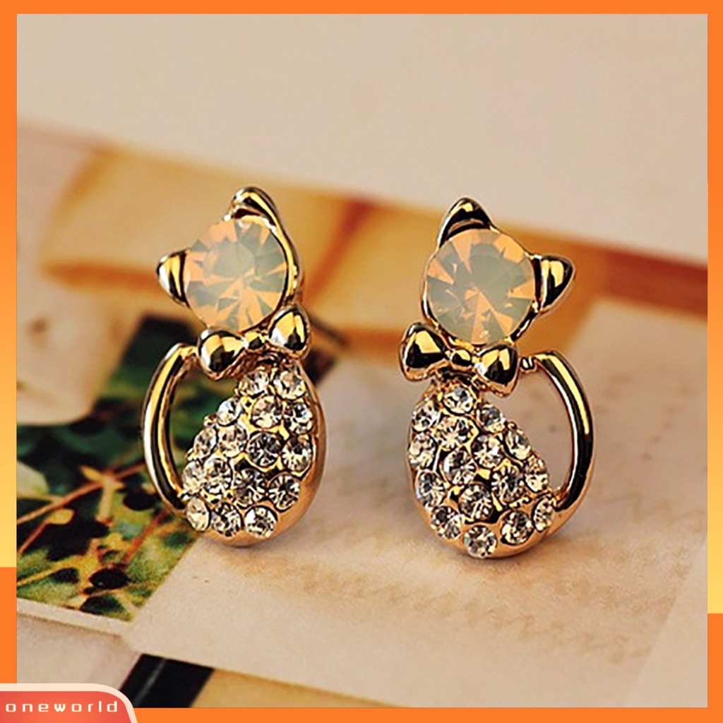 [WOD] 1pasang Wanita Lucu Bentuk Kucing Berlian Imitasi Stud Earrings Ear Studs Jewelry Charm Untuk Pesta Club