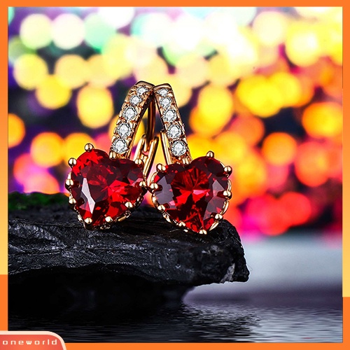 [WOD] Wanita Cinta Merah Hati Zirkon Lapis Emas 18K Leverback Huggie Earrings Perhiasan