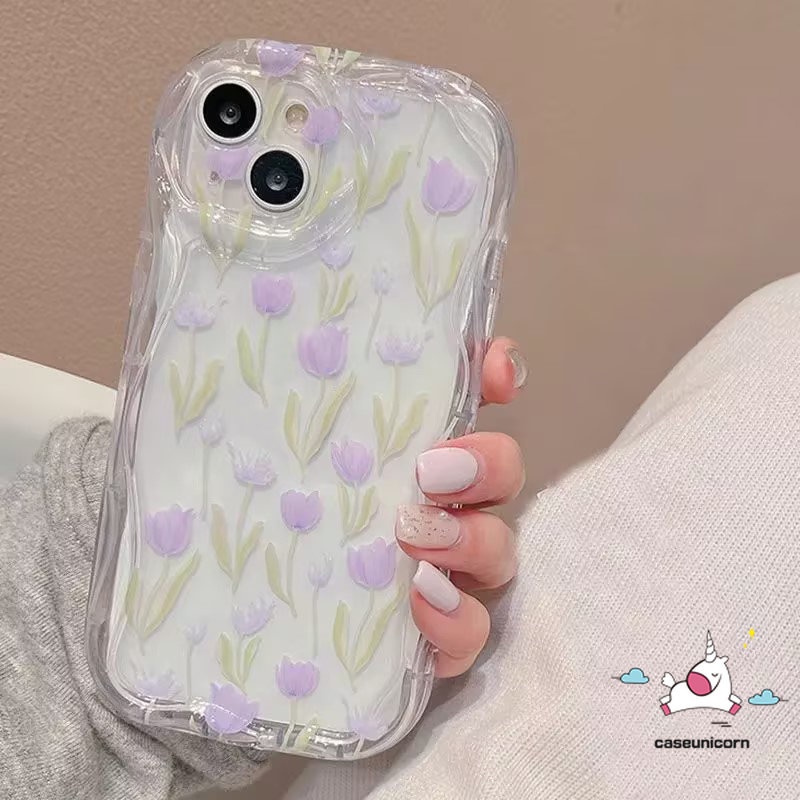 Casing Bunga Tulip Ungu Untuk Realme C53 C25 C35 C31 C55 C15 9i 5 7i 5i 6i 5s C33 C12 C25Y C25s C21Y C11 C30 C17 C21 C3 C20 C20A Casing Bunga Tepi Bergelombang 3D Lembut Transparan